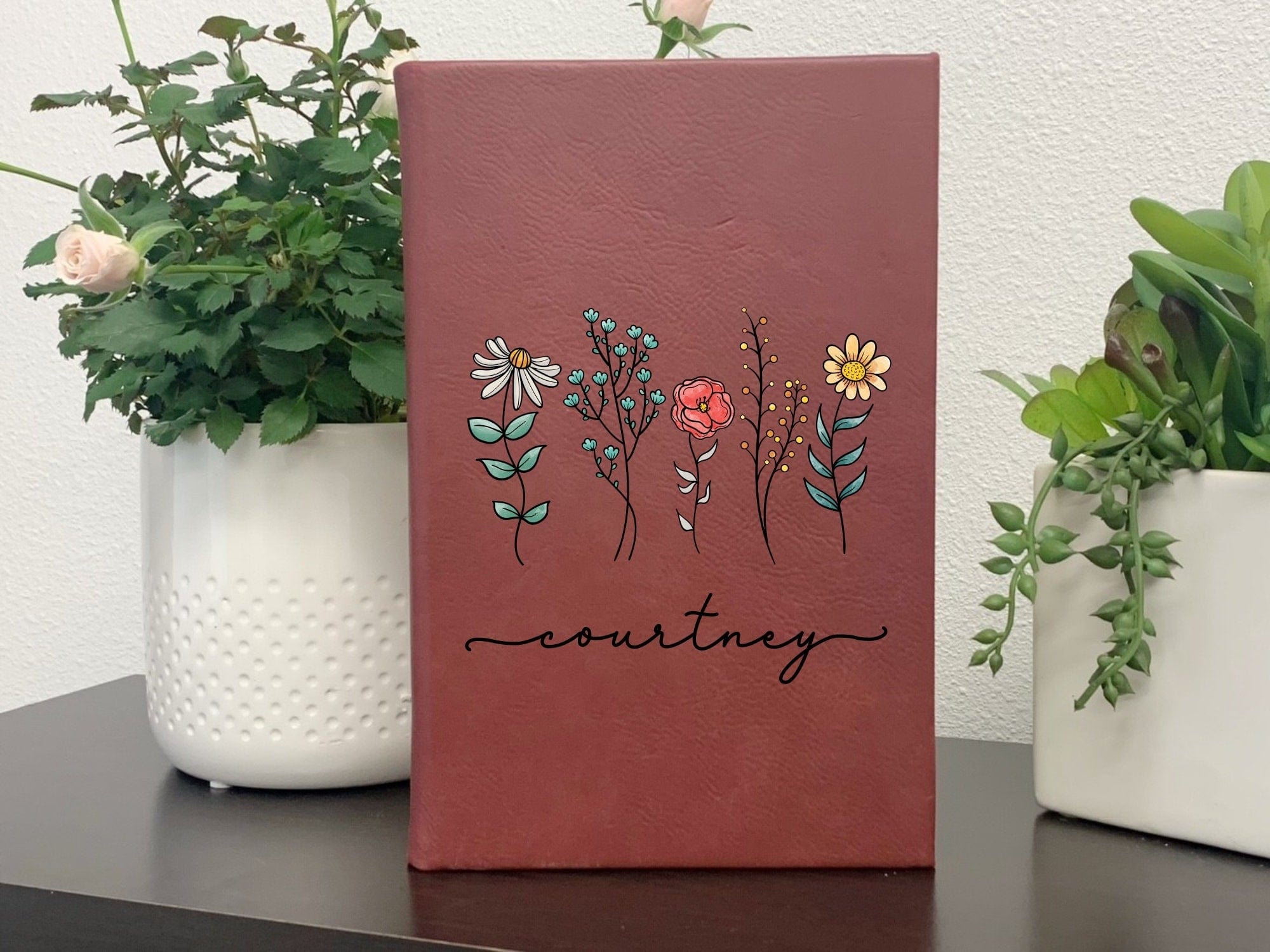 Leatherette journal Printed Journal Name With Name Color Personalized Leatherette Journal With Flowers And Name
