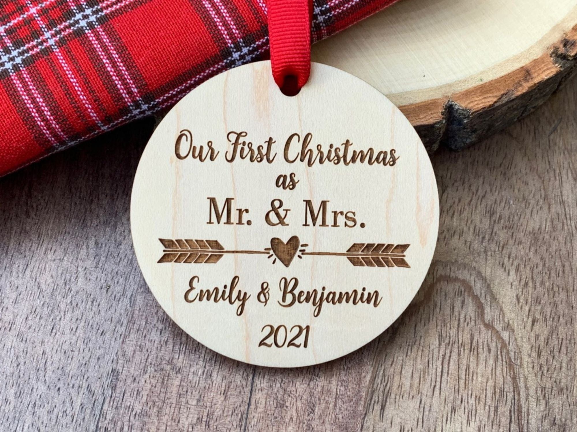 wood Christmas Ornament with arrow and heart
