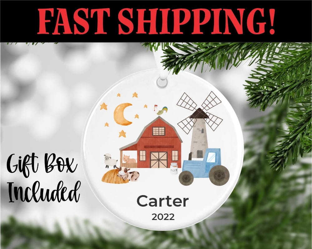 uv printed porcelain Farm Ornament With Tractor Personalized With Name And Year