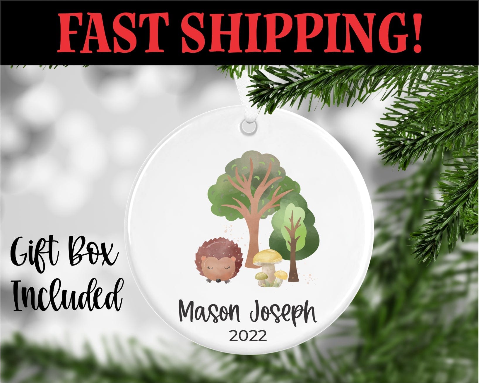 porcelain christmas ornament uv printed with trees, hedgehog and mushrooms personalized with name and year