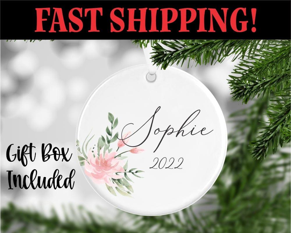 Porcelain ornament with Pink Flowers and greenery Personalized With Name And Year