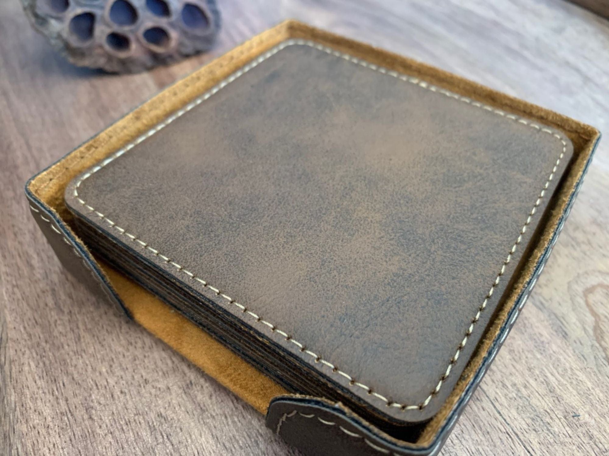Set Of 6 Personalized Leatherette Coasters With Holder