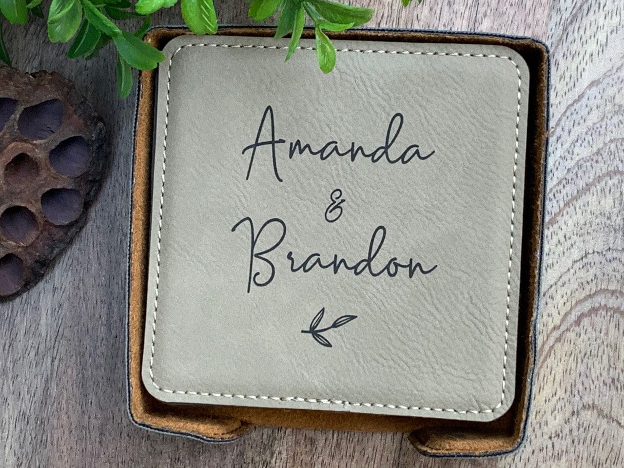 Couple Leatherette Coaster Set Engraved