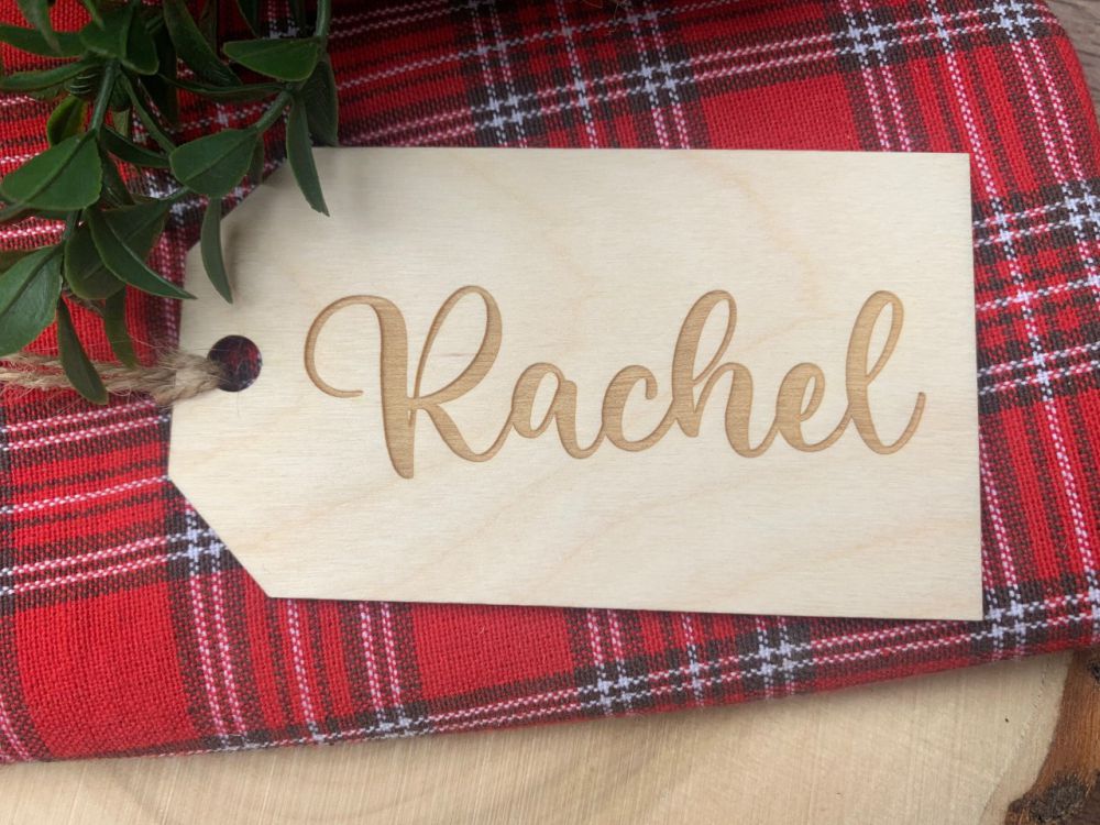 1/8 inch birch plywood laser cut and engraved gift tag personalized with your name