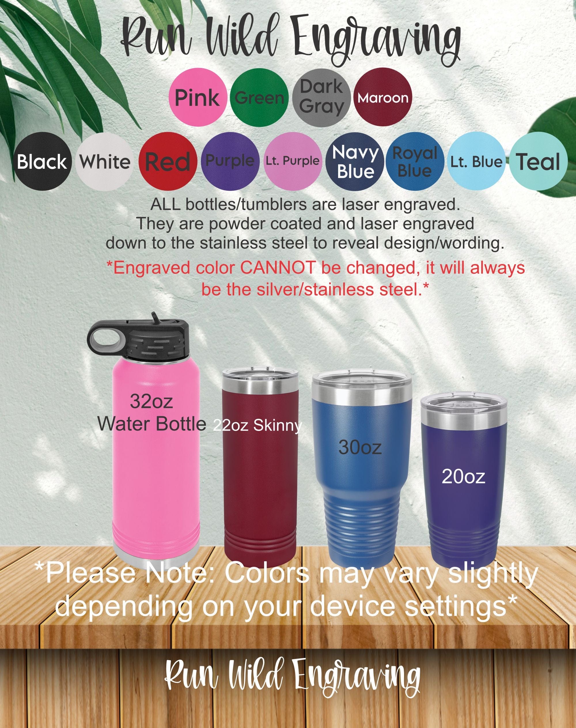 tumbler sizes and color options. 13 colors and 4 tumbler types