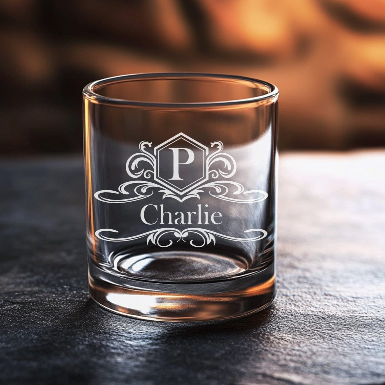 sandblasted whiskey glass with flourish design personalized with initial and name