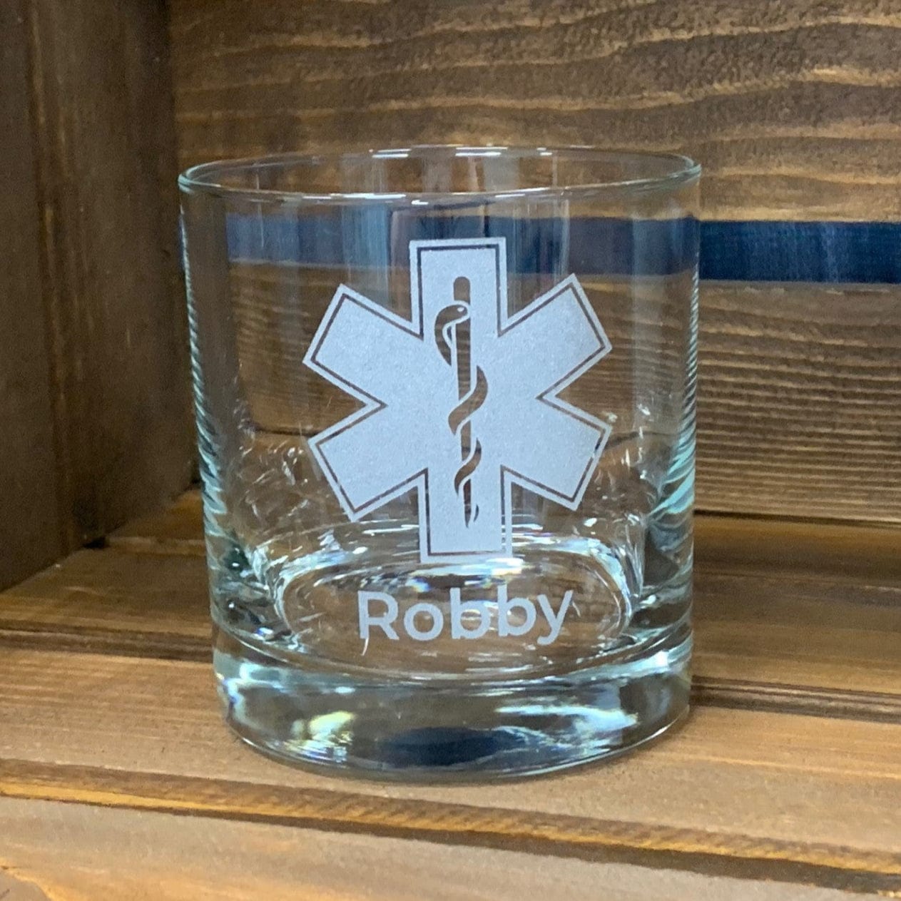 whiskey glass sandblasted with Star of Life personalized with name