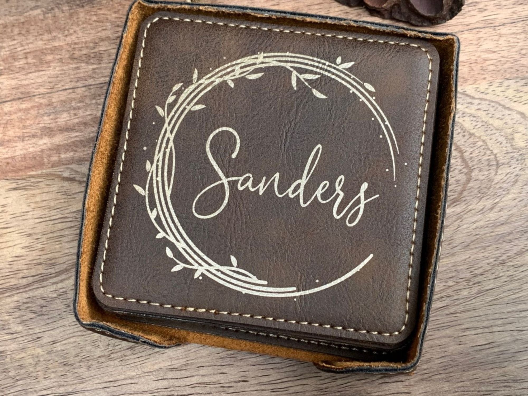 Engraved Coaster Set With Leaf Design Personalized With Name