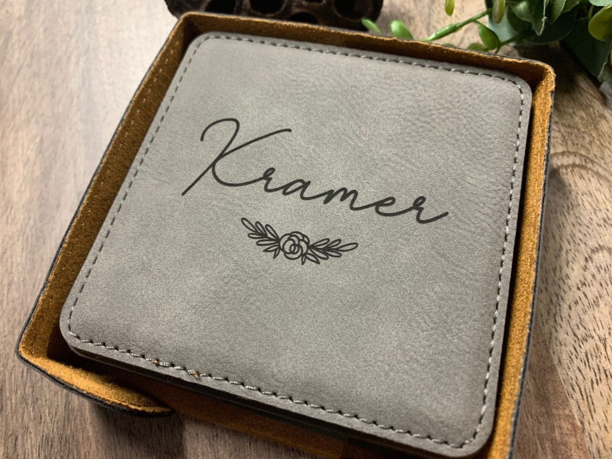 Engraved Floral Coaster Set Personalized With Name
