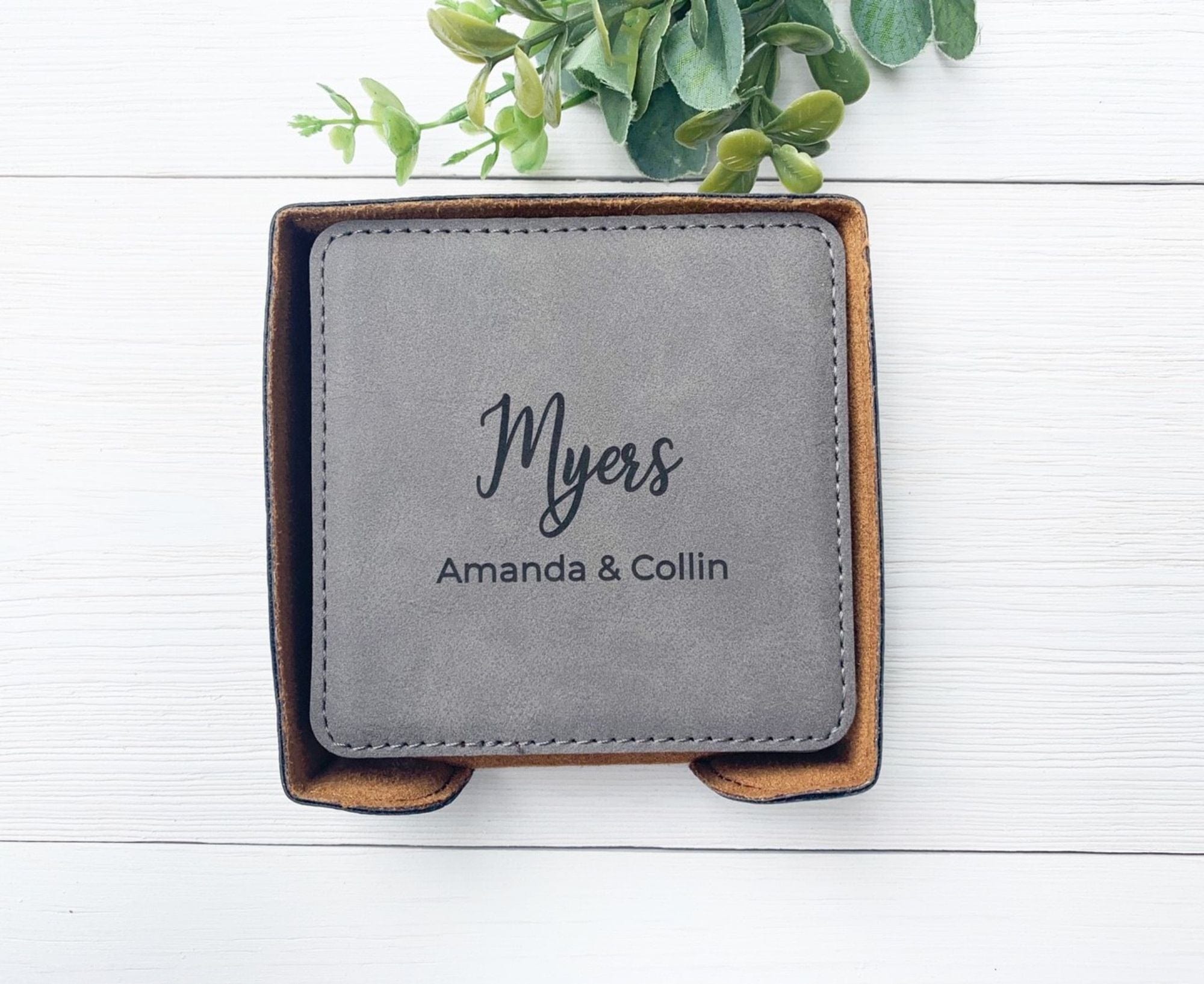 Engraved Leatherette Couple Coaster Set