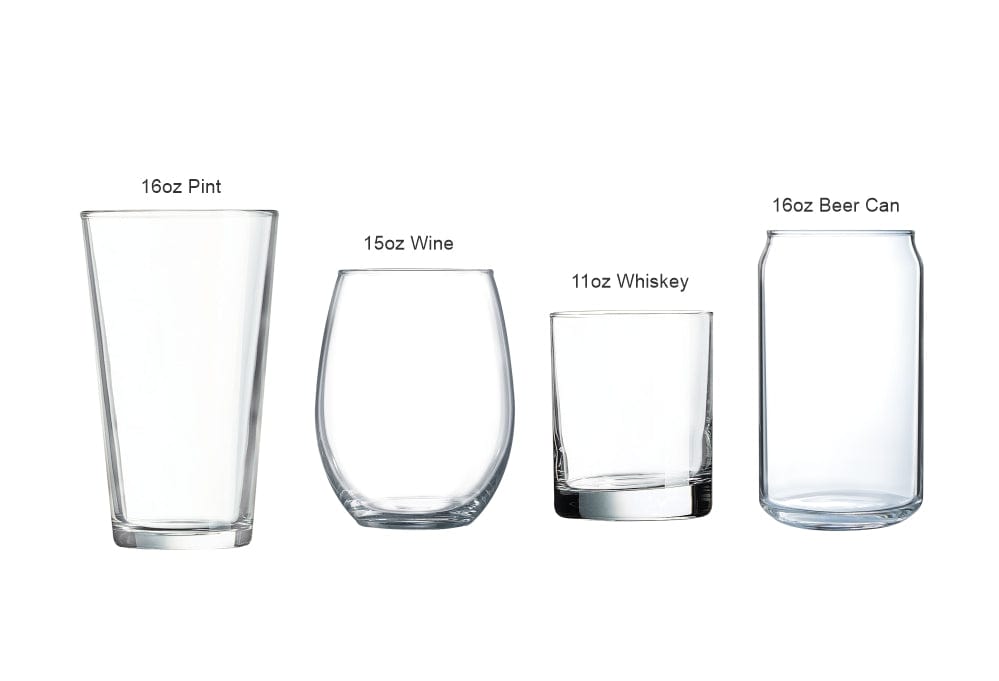 Set of clear glasses with labeled capacities on a white background