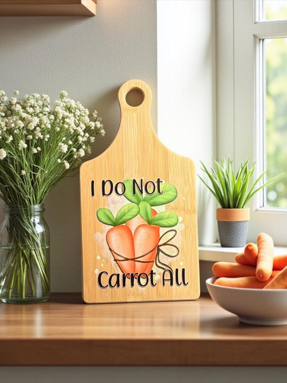 Decorative bamboo paddle board with carrot illustration and the words “I Do Not Carrot All”.