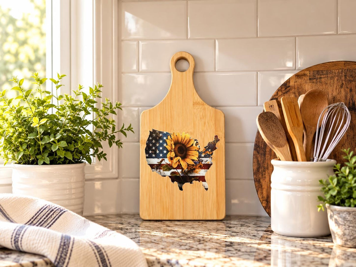 Decorative bamboo paddle board with American flag and sunflower.