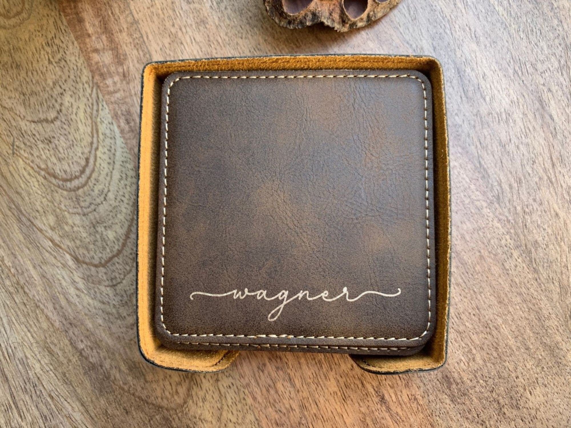 leatherette coaster set of 6 with coaster holder personalized with last name at bottom of coasters