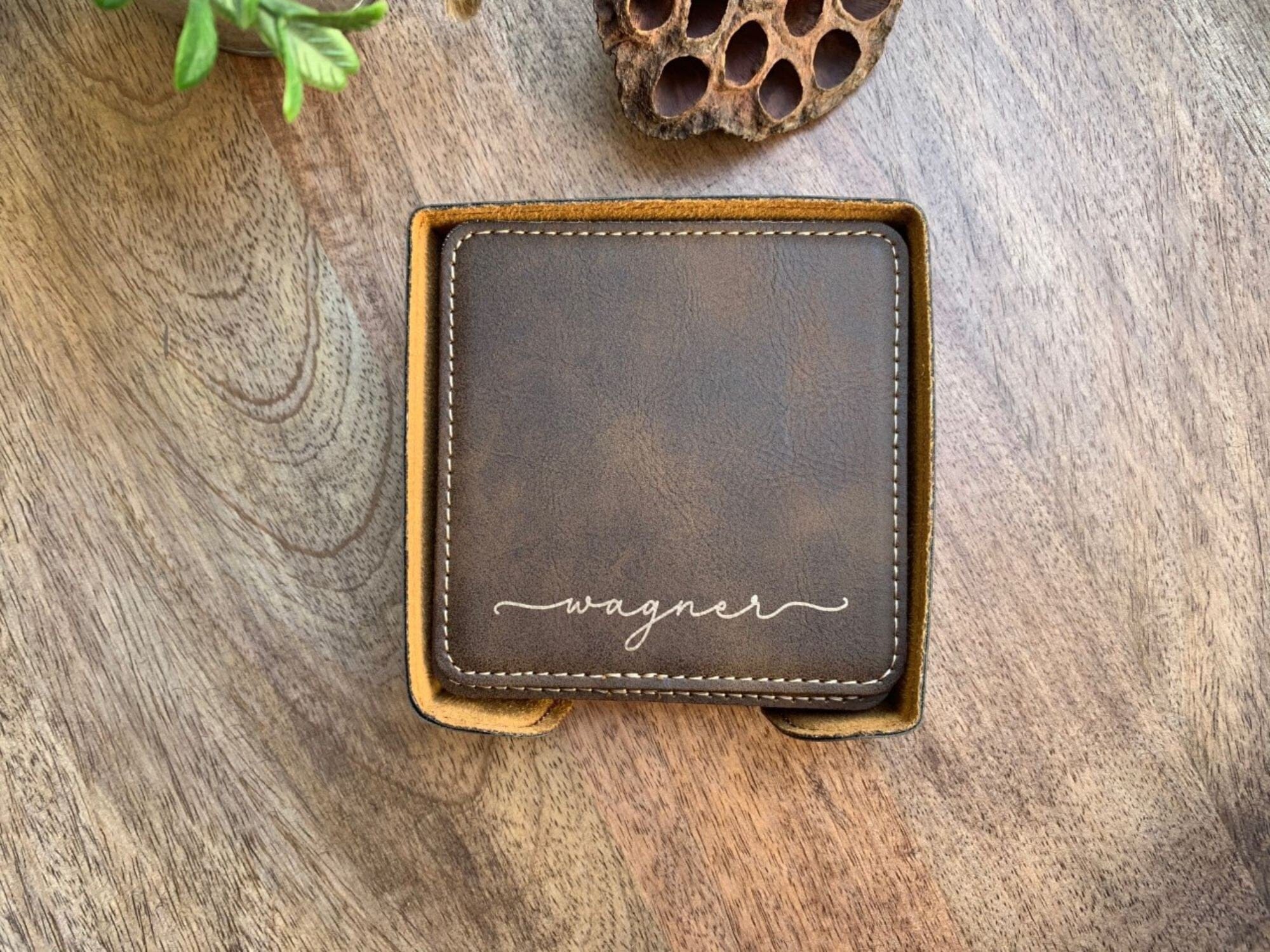 leatherette coaster set of 6 with coaster holder personalized with last name at bottom of coasters
