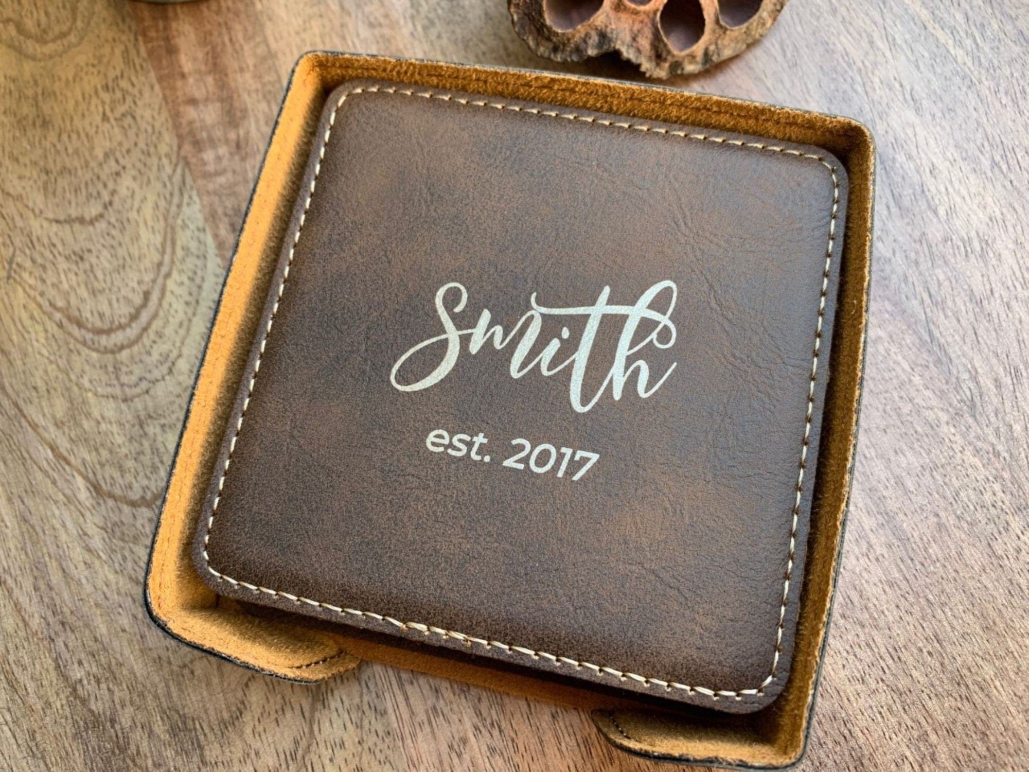 leatherette coasters set of 6 with holder engraved with name in bouncy font with est year