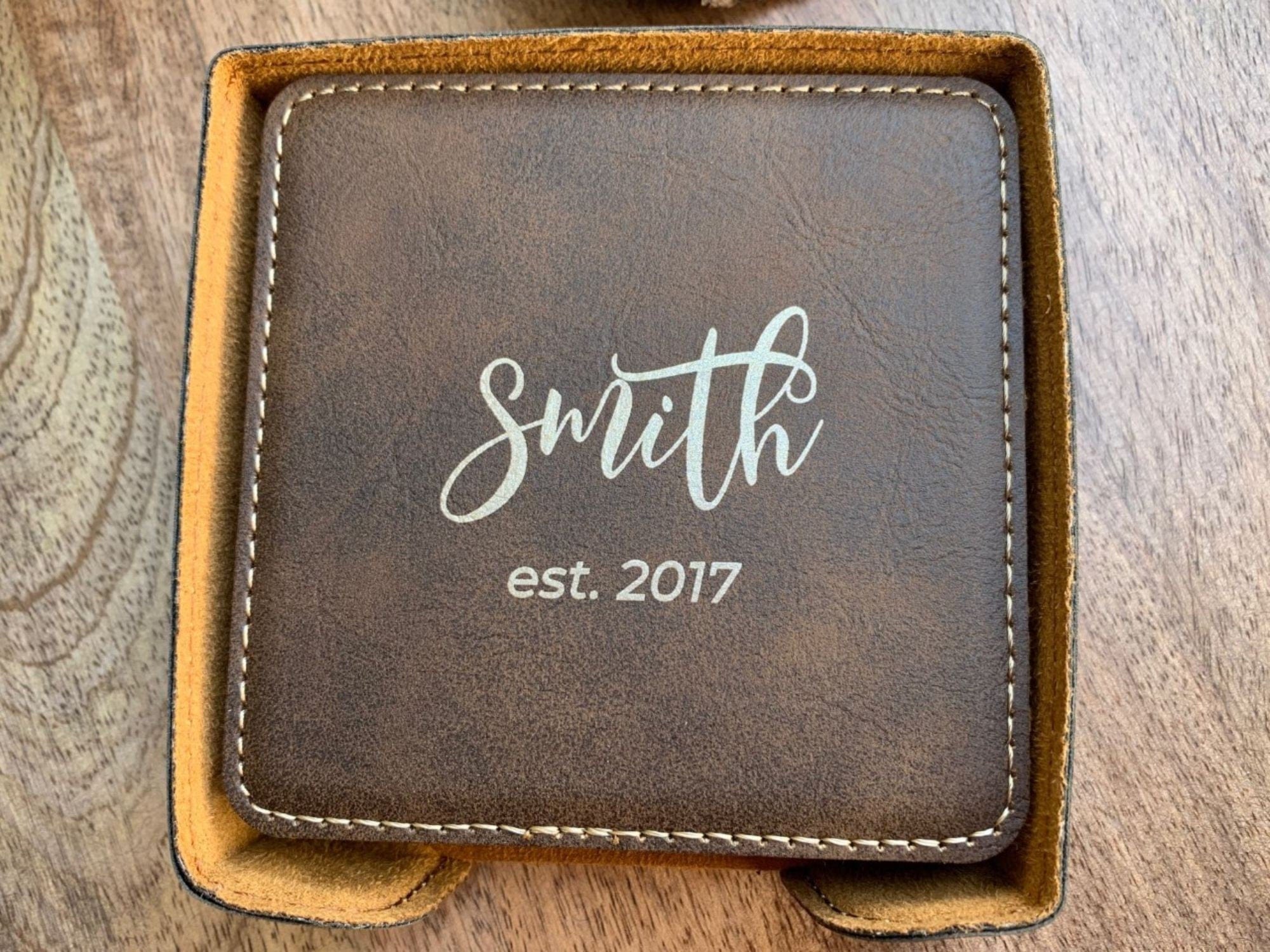 leatherette coasters set of 6 with holder engraved with name in bouncy font with est year
