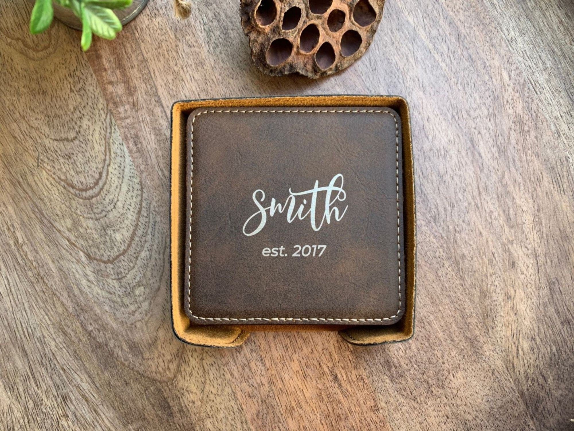 leatherette coasters set of 6 with holder engraved with name in bouncy font with est year