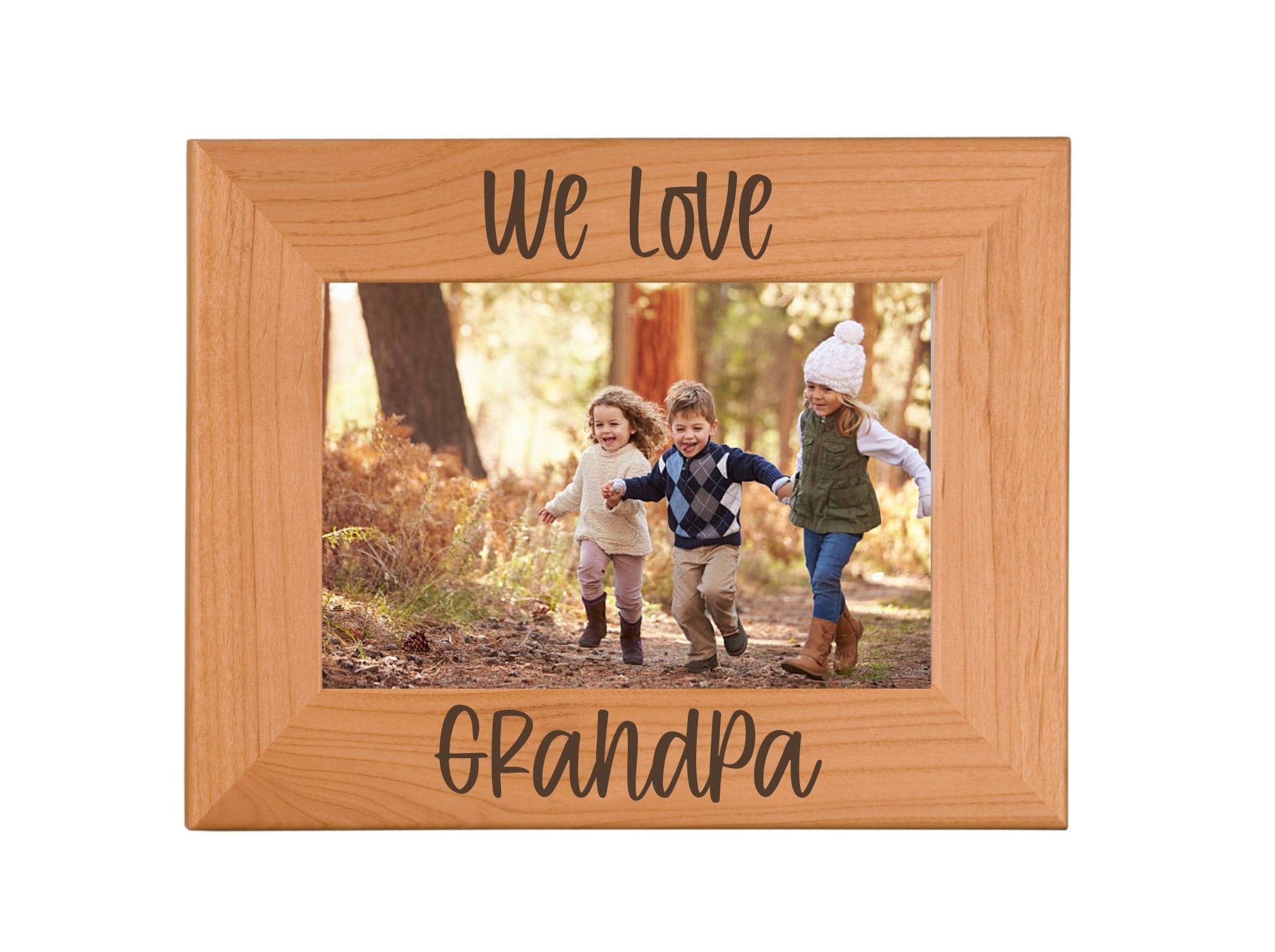 Red alder wood picture frame engraved with the wording We love grandpa