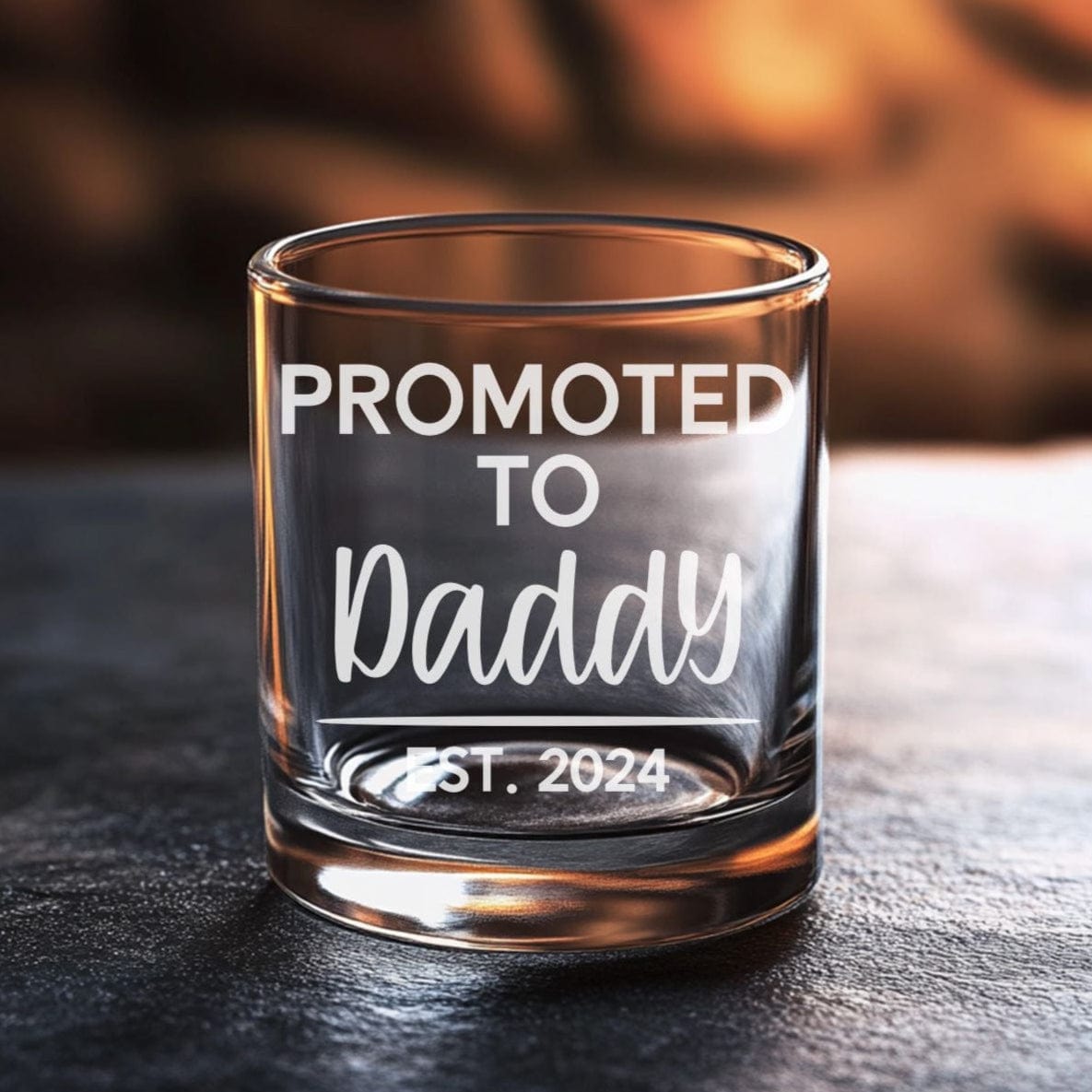 whiskey glass sandblasted with promoted to daddy personalized with established year