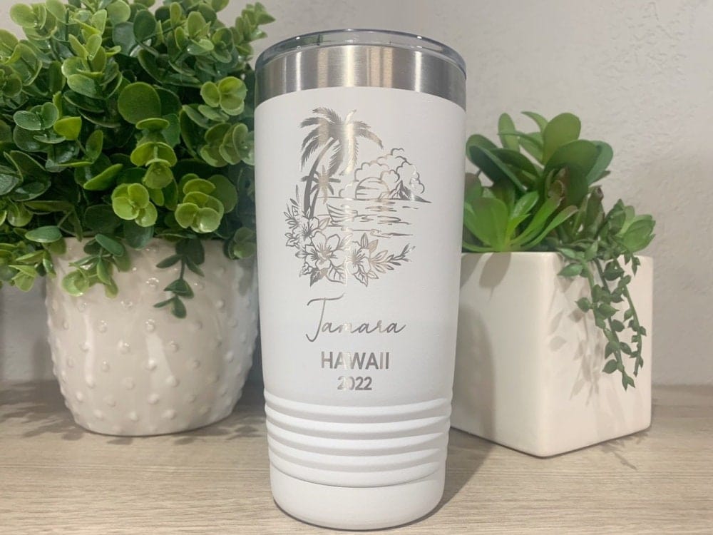 Run Wild Engraving 20 oz name destination year Palm Tree Tumbler Laser Engraved, Beach Vacation Cup, Personalized
