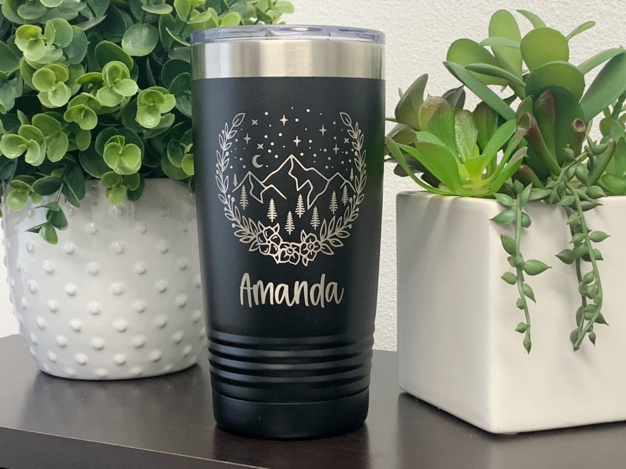 Run Wild Engraving 20 oz name Hiking Tumbler With Trees And Mountain, Outdoor Nature Travel Mug Personalized, Camping Tumbler