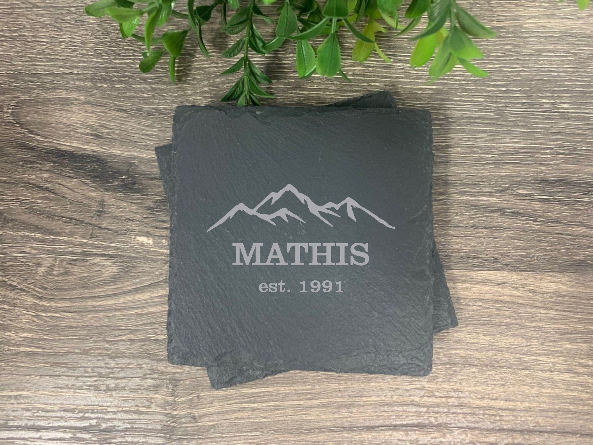 Rustic slate drink coaster set engraved with custom last name and est. year