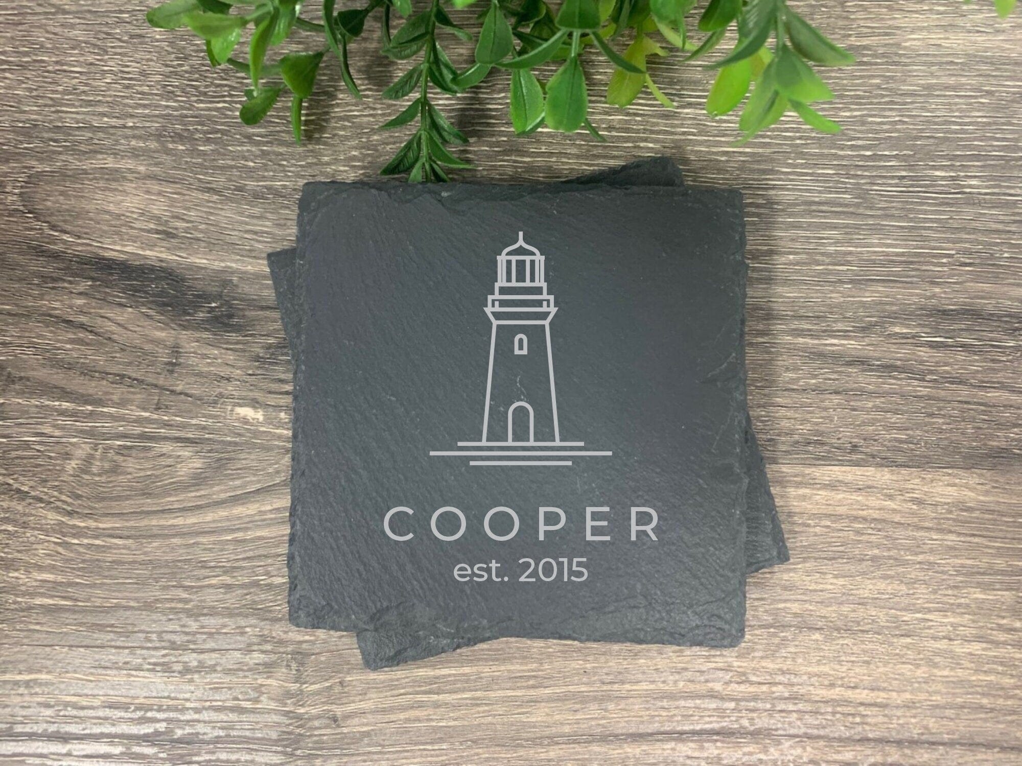 slate coasters engraved with lighthouse personalized with last name and established year