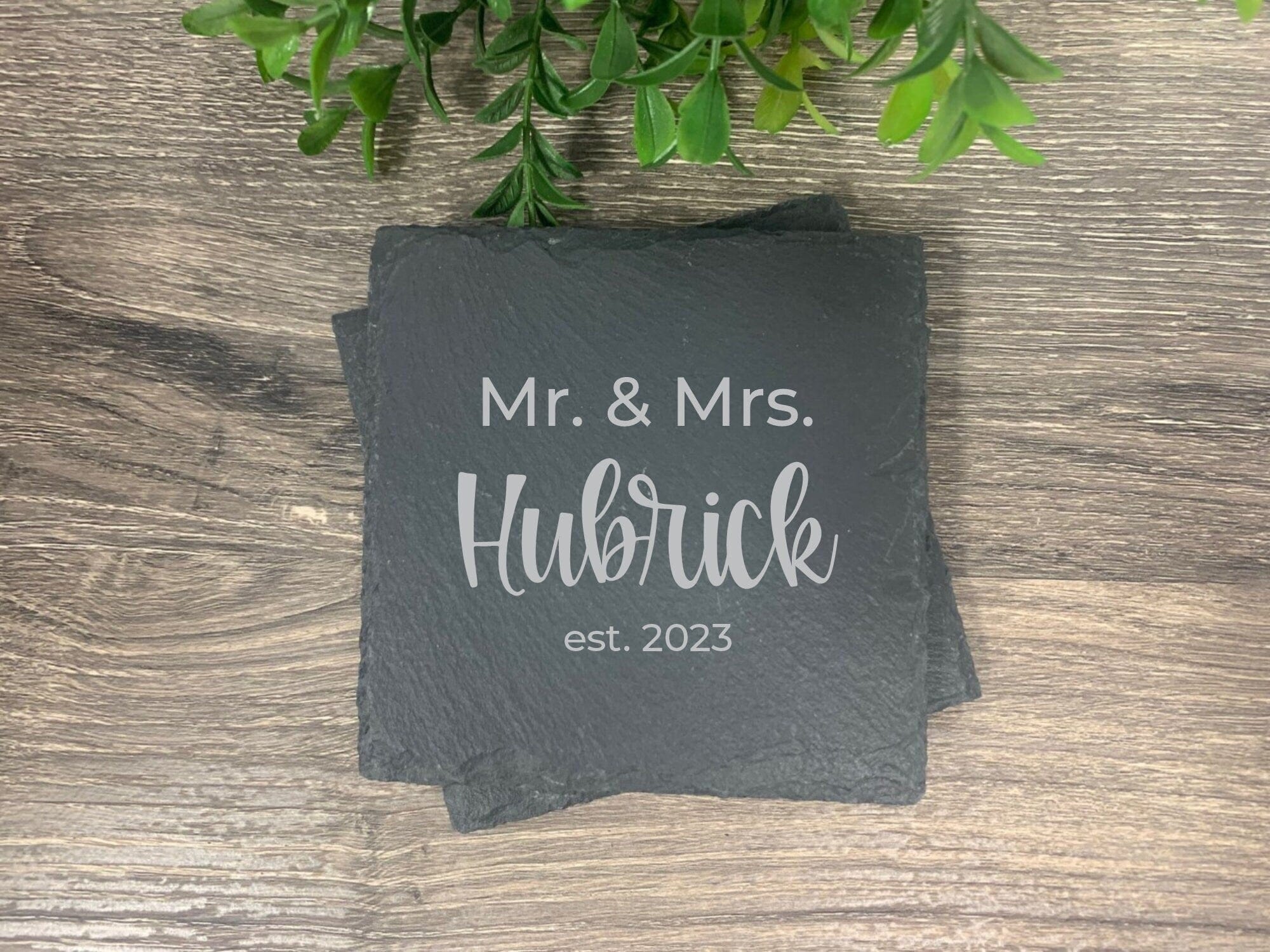 slate coasters engraved with mr. & mrs. personalized with couple last name and established year