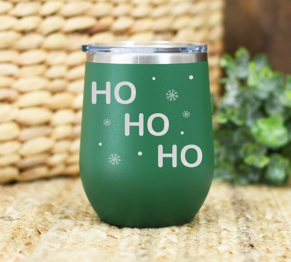 ho ho ho 12oz christmas wine tumbler with dots and snowflakes - laser engraved. Green color shown