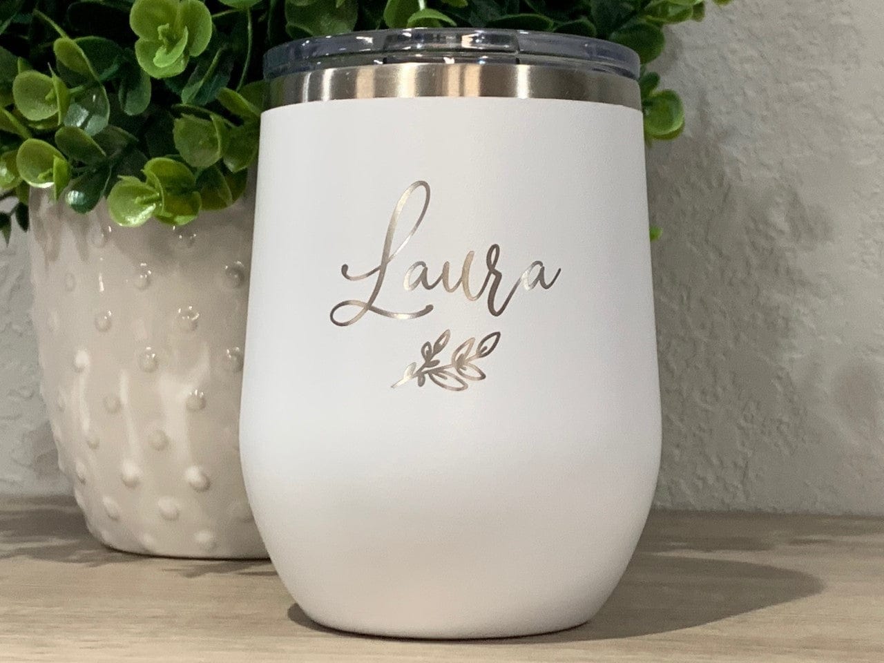 12oz tumbler wine tumbler name Personalized 12oz  Wine Tumbler With Lid Engraved With Name And Leaf
