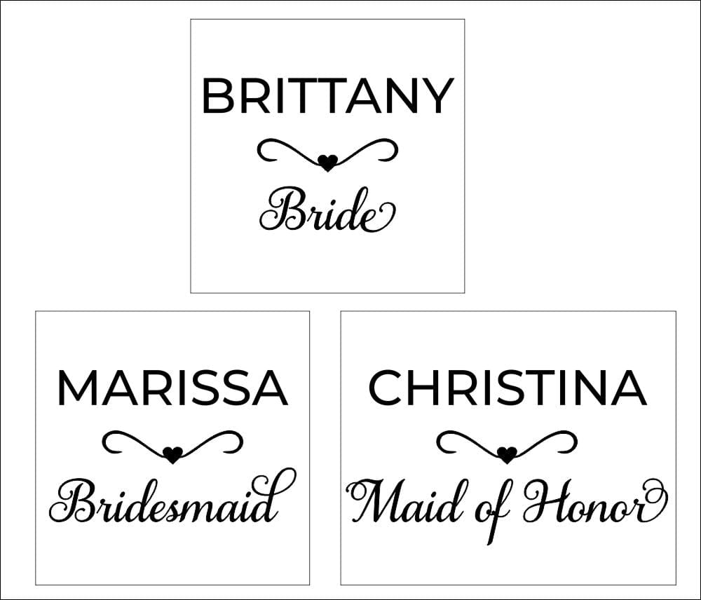 examples of names and wedding party titles to shown fonts etc.