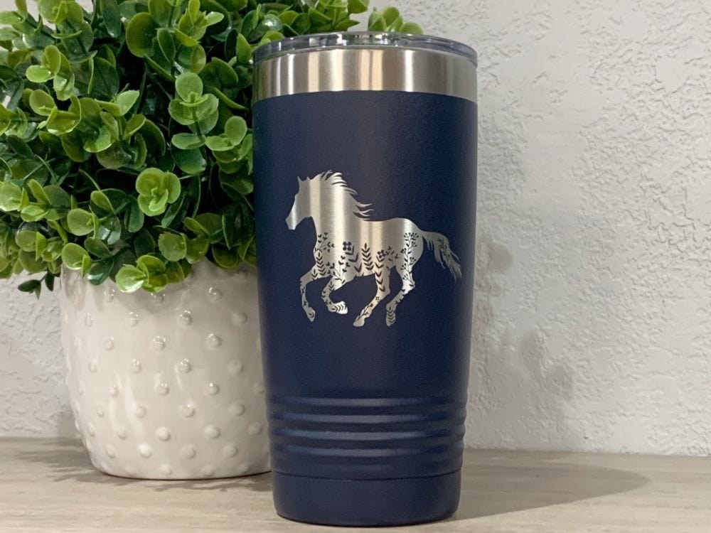 Engraved Floral Horse Coffee Tumbler | Equestrian Tumbler