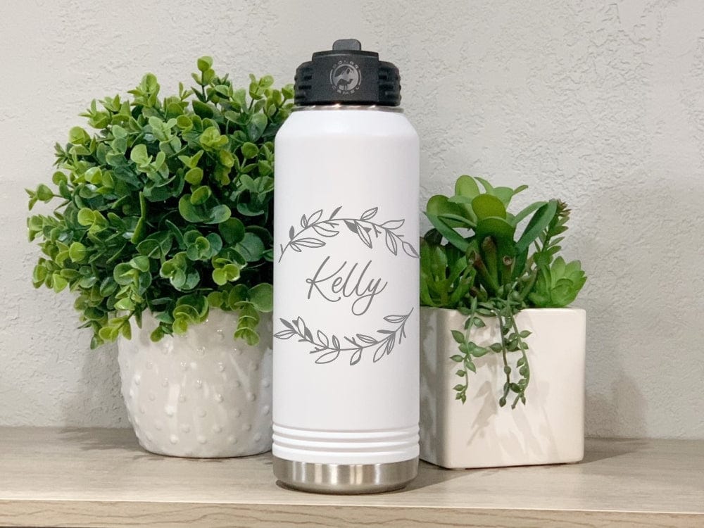 engraving 32 oz name 32 Oz Water Bottle Personalized With Name And Leaf Wreath