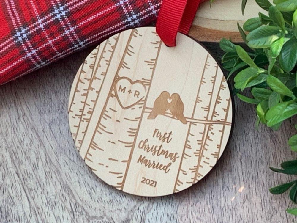 1/4 inch maple wood ornament 3x3 round Engraved with initials and first christmas married