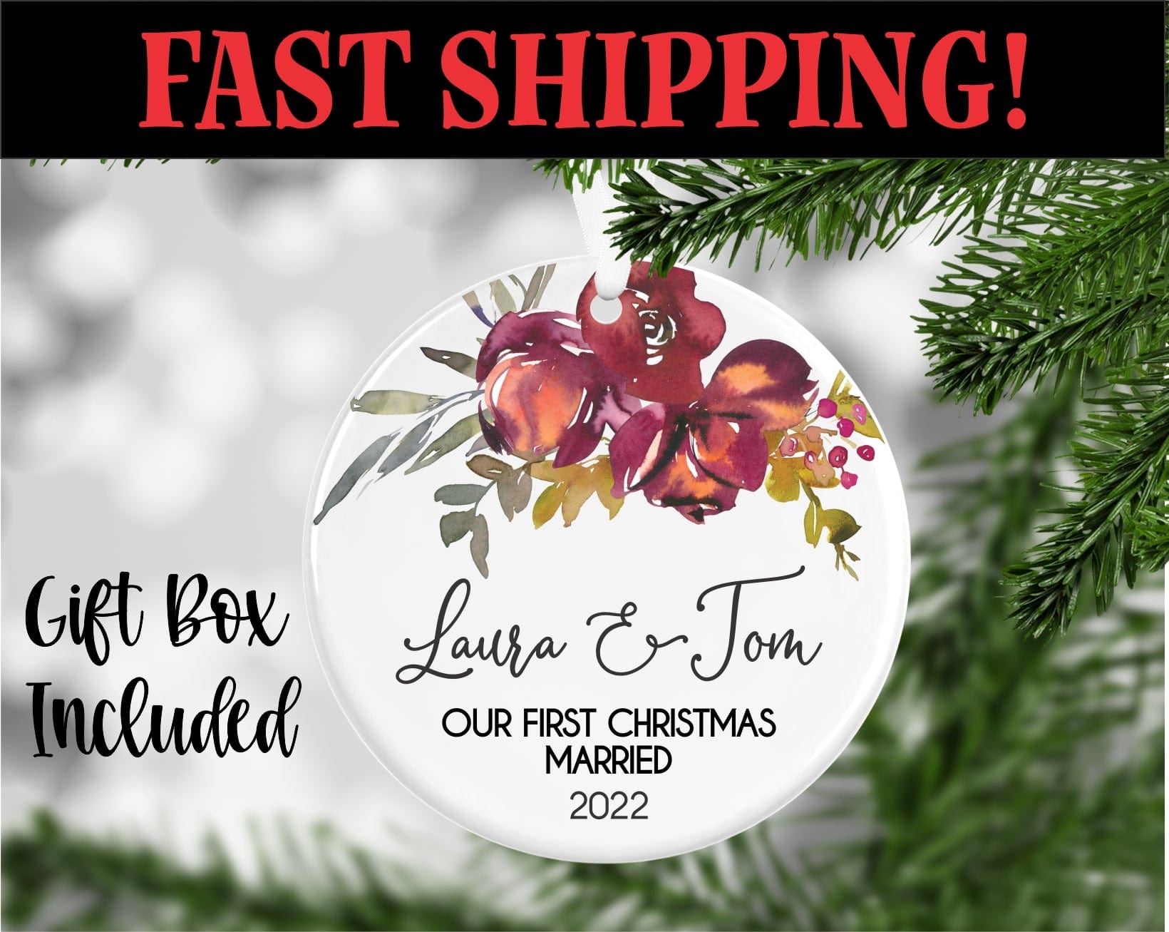 Our first Christmas married Newlywed Ornament Personalized With Names And Year. Has burgundy colored flowers and greenery at top