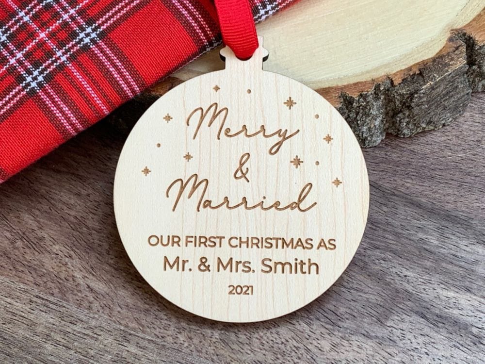 Merry and Married wood Ornament