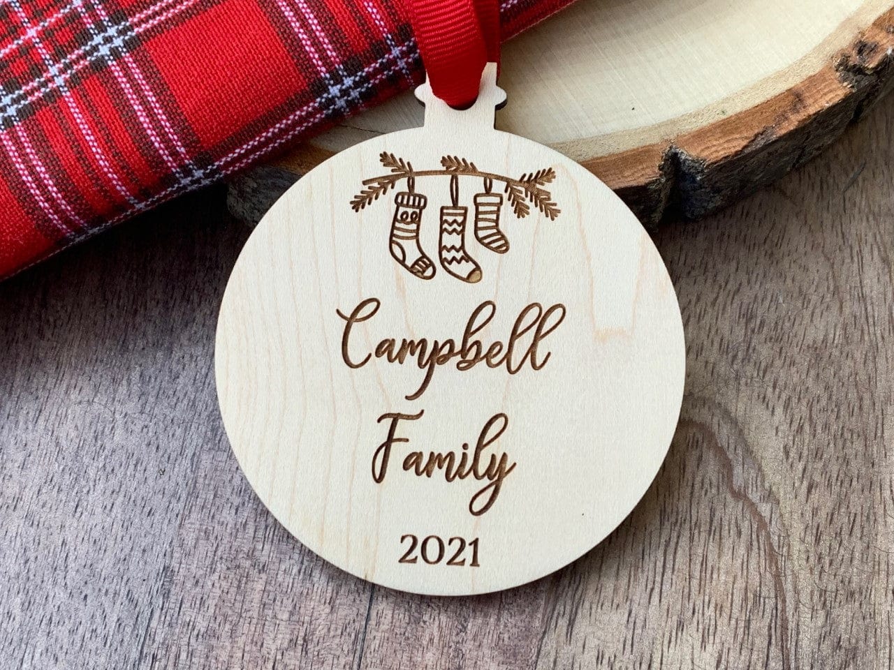 wood family ornament and year