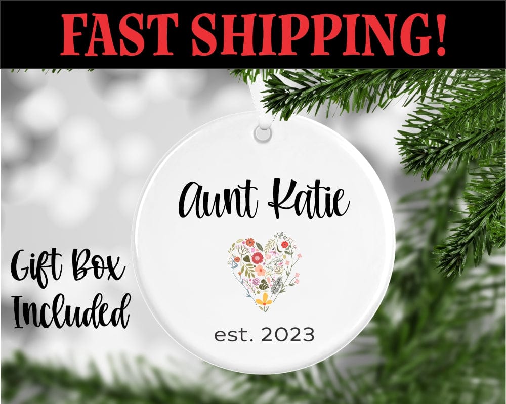 UV printed porcelain Christmas ornament with heart shape made of florals and greenery for aunt with name and est. year