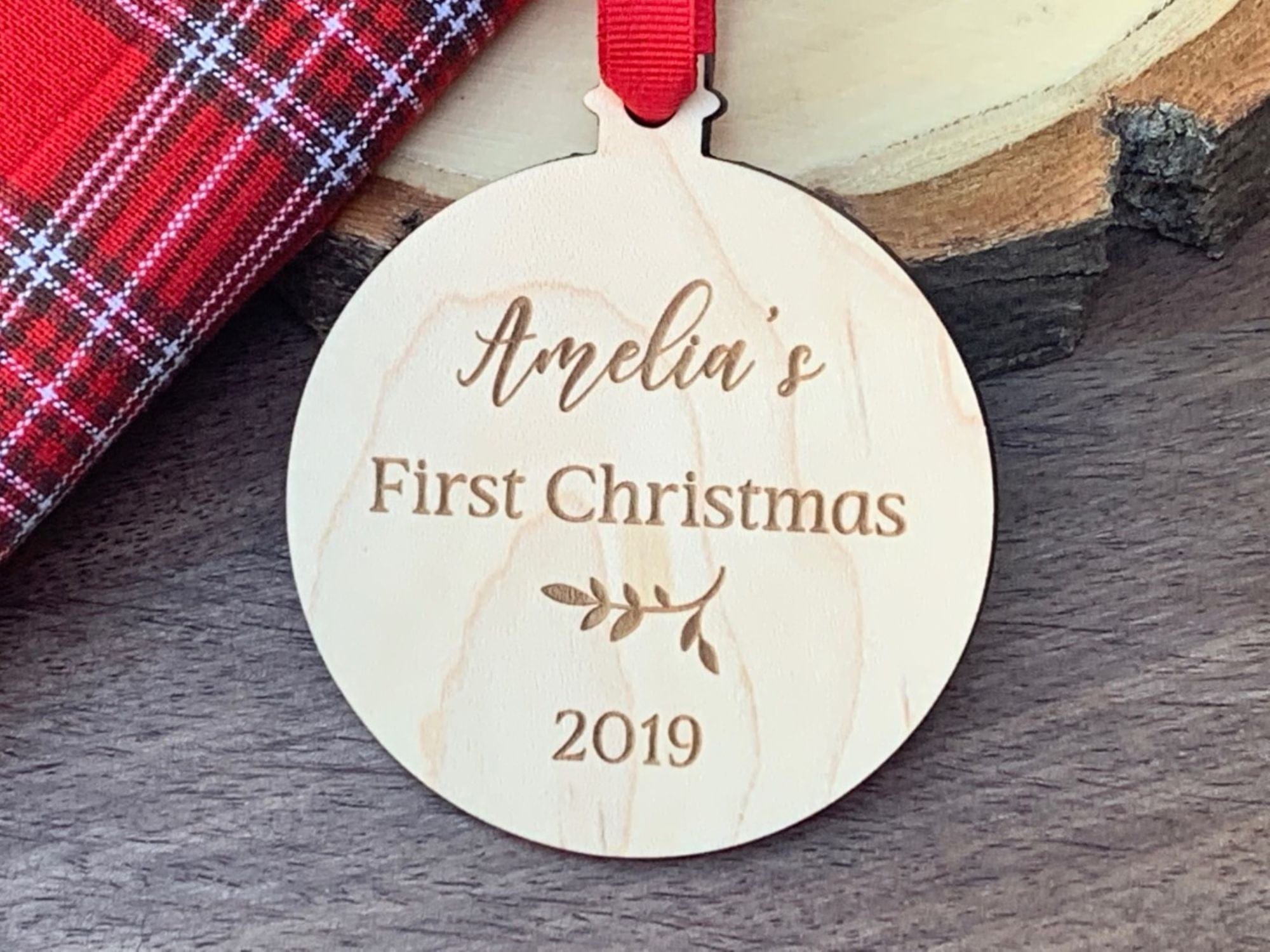 First wood christmas ornament with leaf
