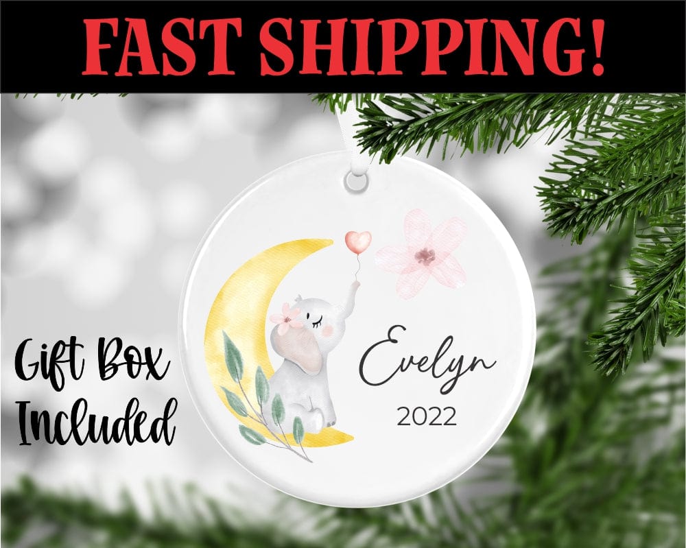UV printed porcelain ornament with Elephant And Moon Personalized With Name And Year