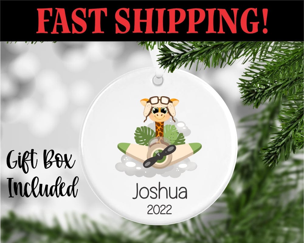 Uv printed christmas ornament with Giraffe Airplane Personalized With Name And Year