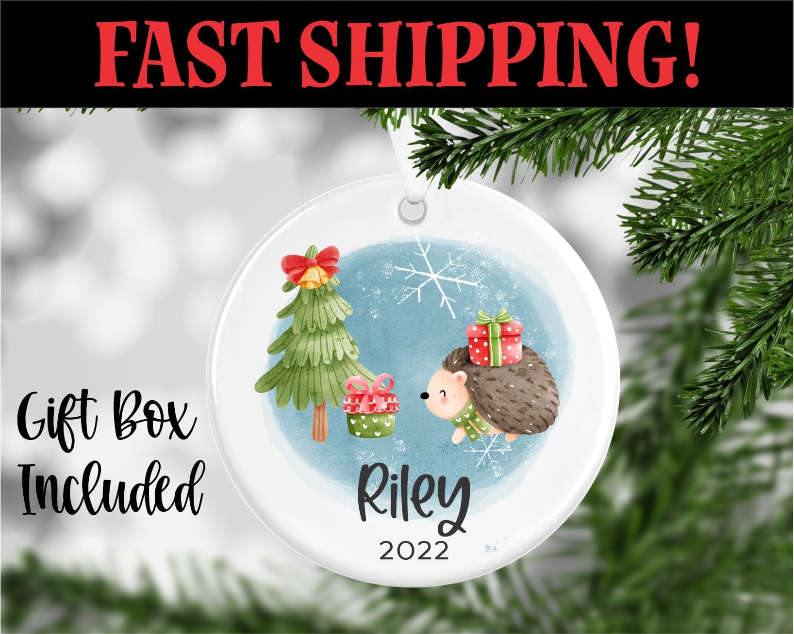 Porcelain Hedgehog Christmas Ornament Personalized With Name And Year