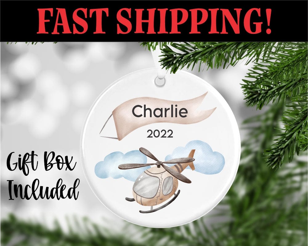 UV printed ornament with watercolor Helicopter design Personalized With Name And Year