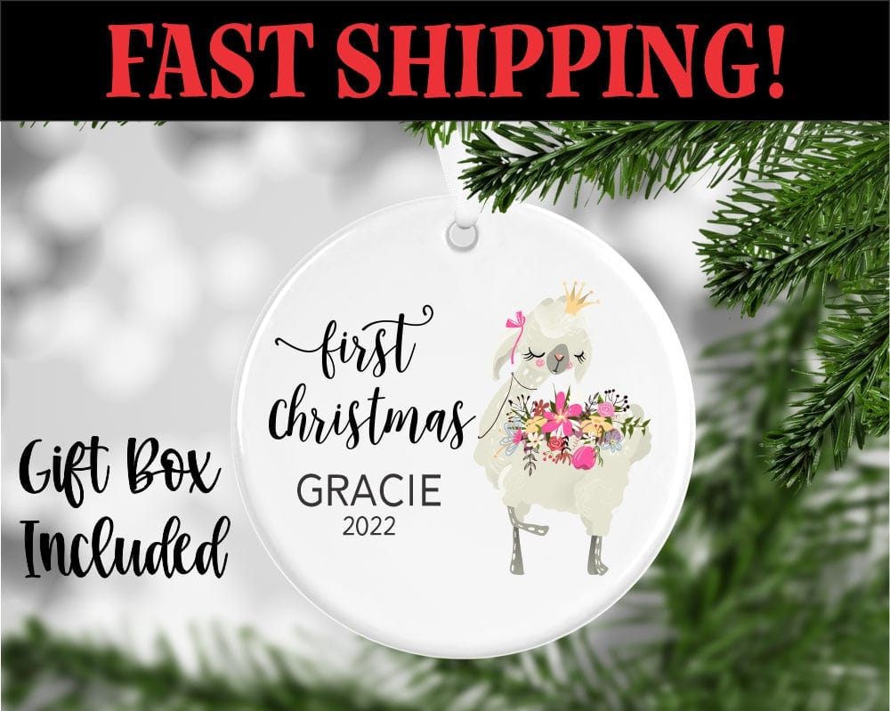 Porcelain UV printed Llama Christmas Ornament Personalized With Name And Year