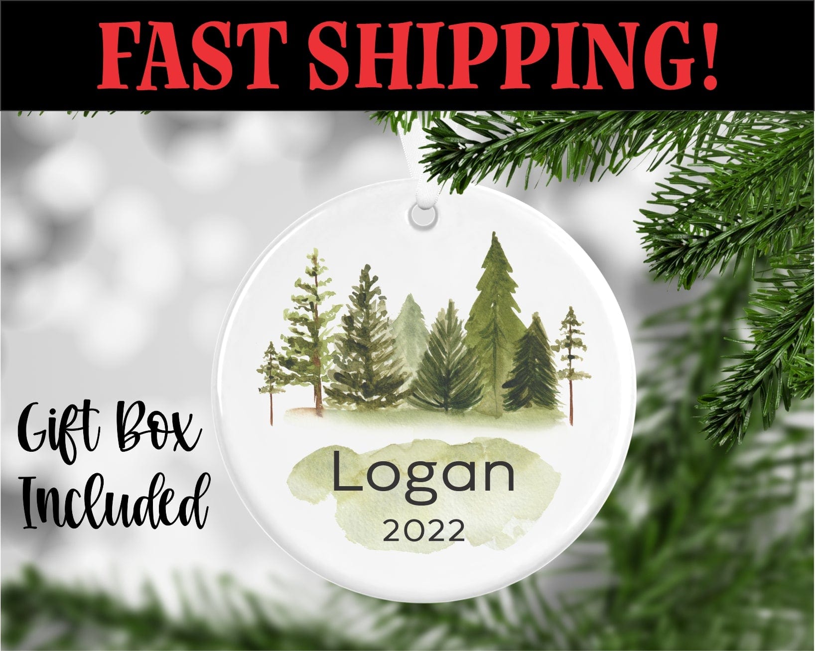 Porcelain ornament uv printed with green watercolor trees personalized with name in year in non script font