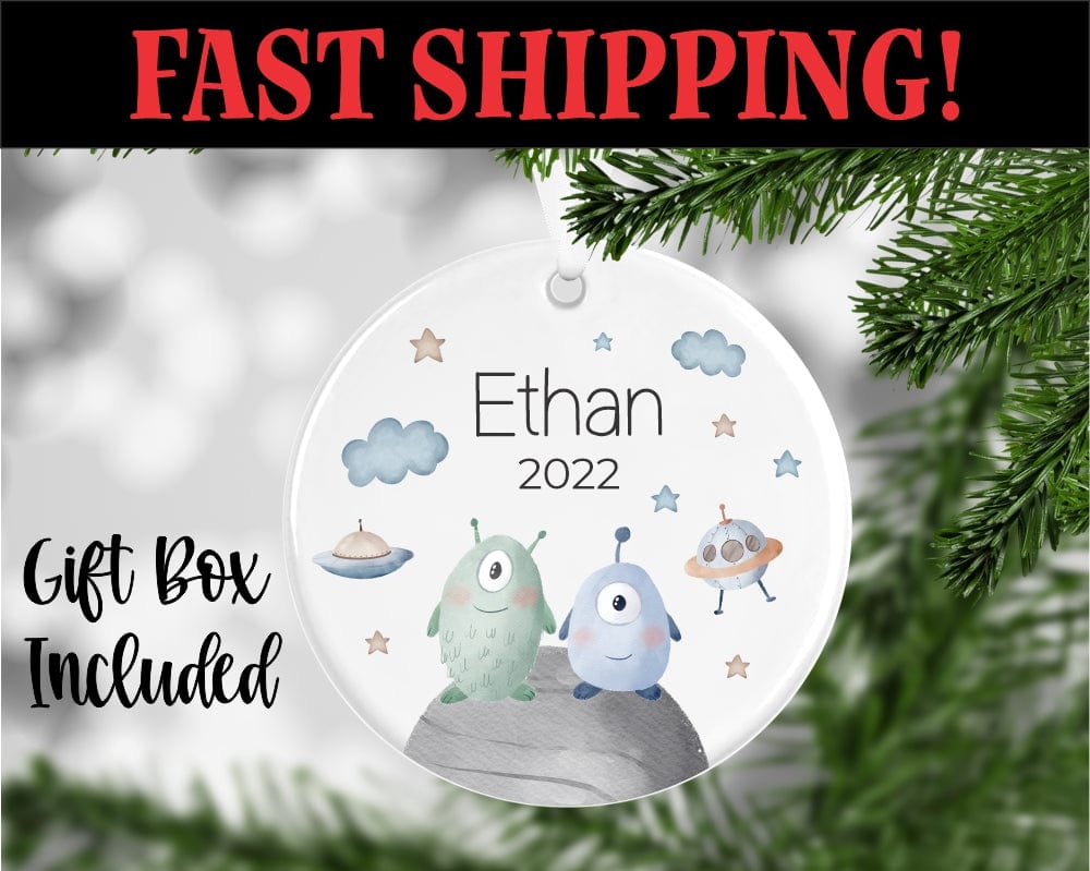 UV printed kids porcelain ornament with Outer Space design Personalized With Name And Year