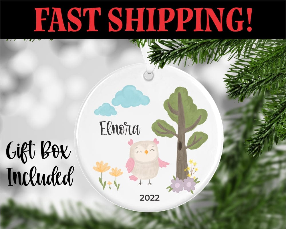UV printed porcelain ornament with Pink Owl, flowers, clouds and tree Personalized With Name And Year