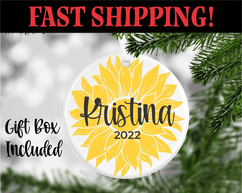 UV printed porcelain ornament with yellow Sunflower Christmas Ornament Personalized With Name And Year