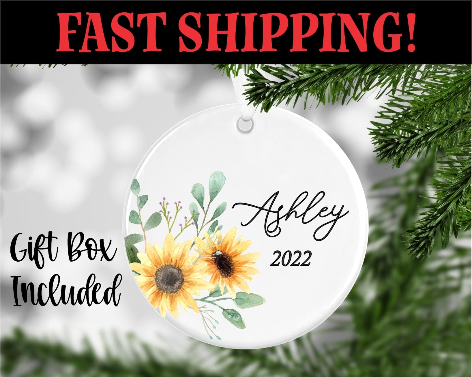 UV printed porcelain ornament. Comes with sunflowers and greenery personalized with name and year